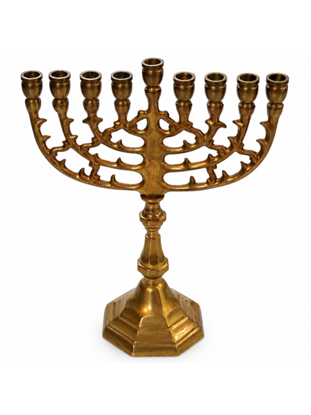 Vintage Solid Brass Menorah Israel 8" Judaica Hanukkah 9 Branch Candle Holder